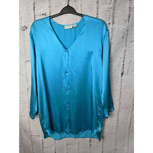Victorias Secret Gold Label Sz L 100% Silk Button Night Shirt Gown Blue Vintage - Picture 2 of 8